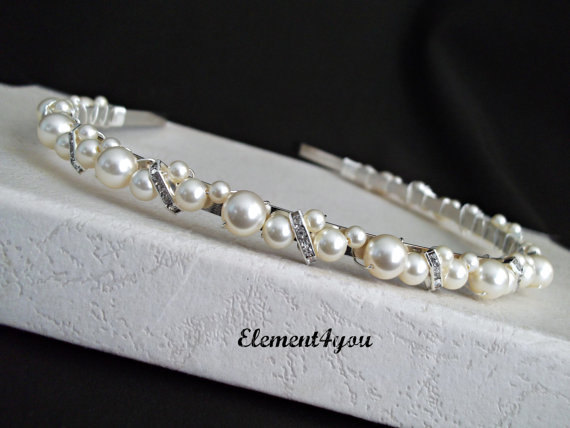 Hochzeit - Bridal Headband, Pearl headband, Bridal headpiece, Wedding hair tiara, Rhinestone ivory white pearls hair  piece, Swarovski pearls
