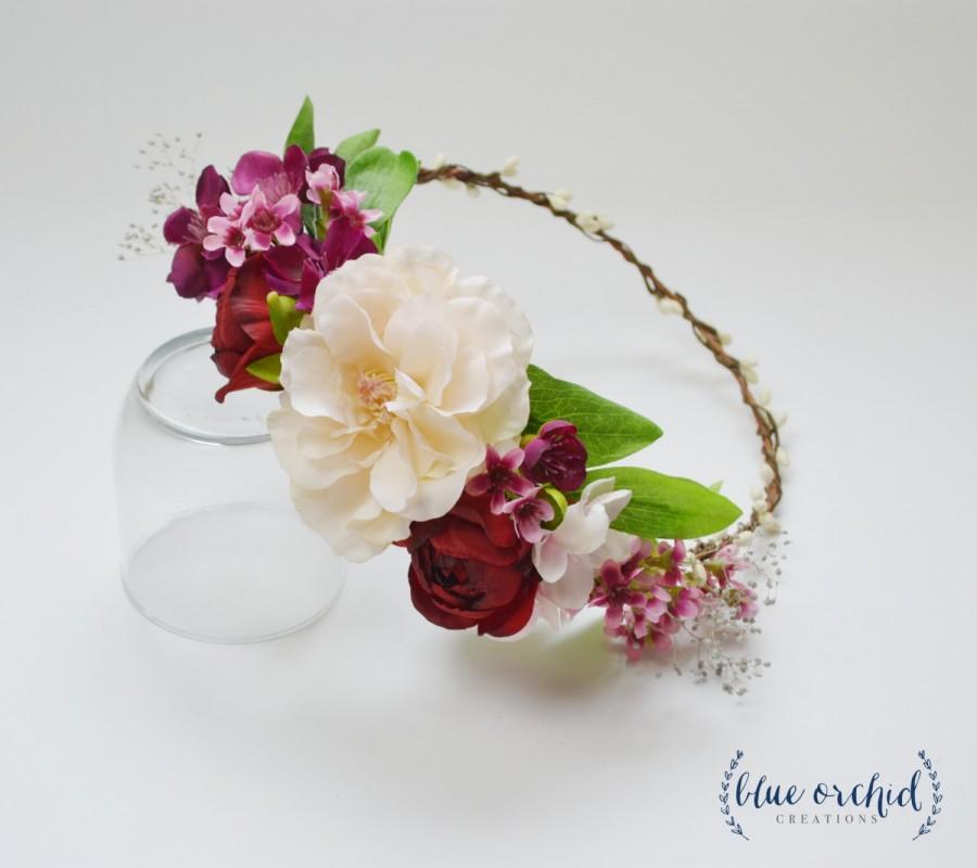 Wedding - Silk Flower Crown - Blush, Pink, Burgundy, Marsala - Boho Flower Crown, Floral Crown, Wedding Hair Accessory