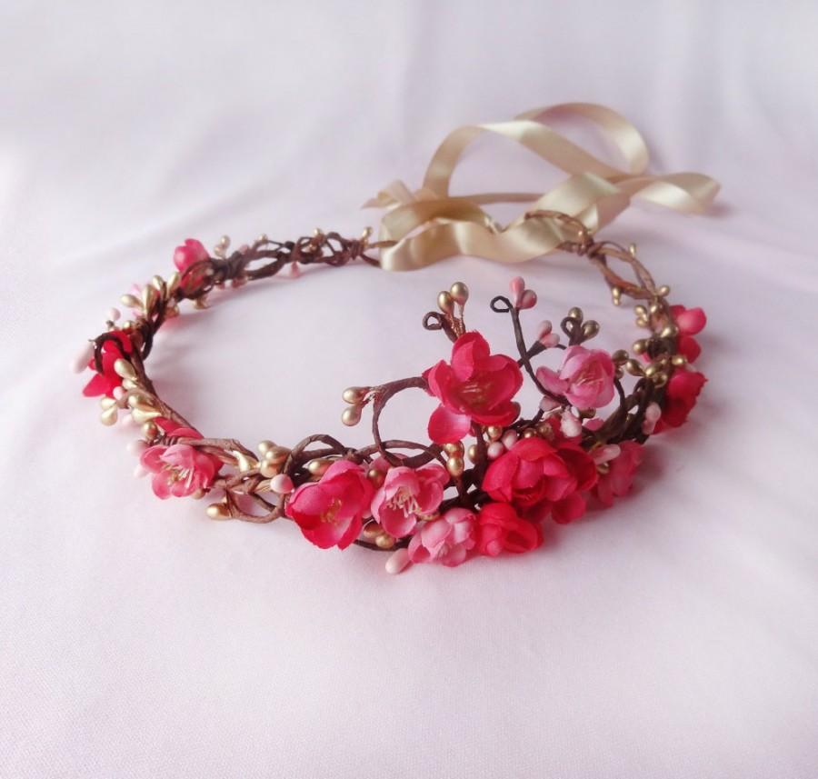 Wedding - gold pink flower hair accessory, pink flower circlet,  bridal flower halo - FILIGREE HALO -  gold flower girl accessory, bridal head wreath