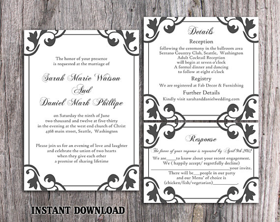 Свадьба - DIY Wedding Invitation Template Set Editable Word File Instant Download Printable Invitation Black Invitation Elegant Wedding Invitation
