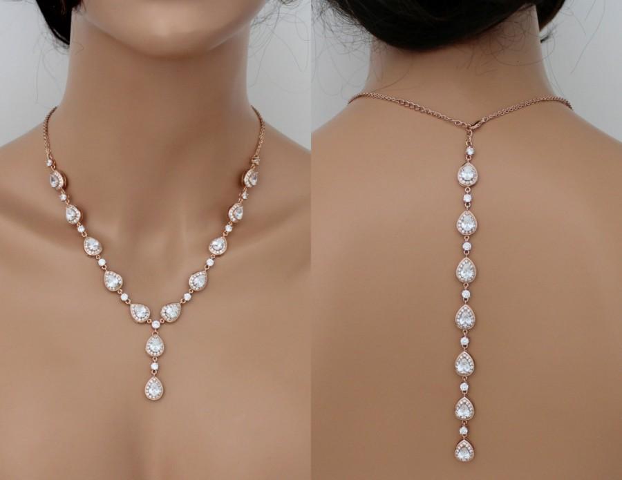 Hochzeit - Bridal Backdrop necklace, Crystal Wedding necklace, Bridal jewelry, Rose Gold necklace, Back necklace, Statement necklace, Teardrop necklace