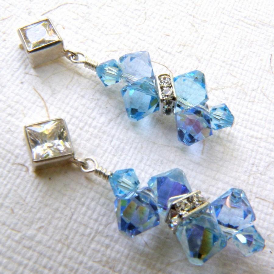 Wedding - Blue Topaz Crystal Earrings, Aquamarine, Light Sapphire, Swarovski Crystal, Sterling Silver, Bridal Something Blue, Wedding Handmade Jewelry