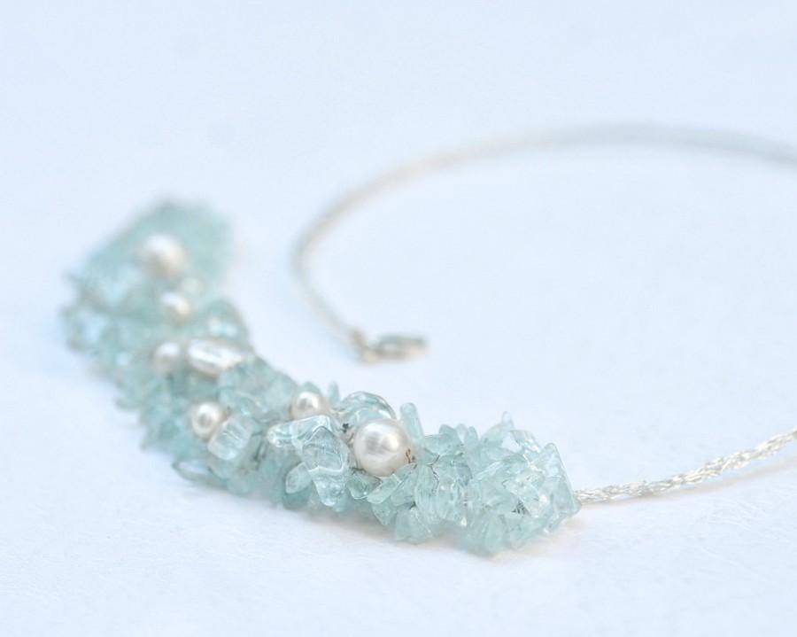 Hochzeit - Aquamarine Bib Necklace, Blue birthstone necklace -  handmade Wedding Jewelry - Crochet Knitted Lace Silver Freshwater Natural Pearl