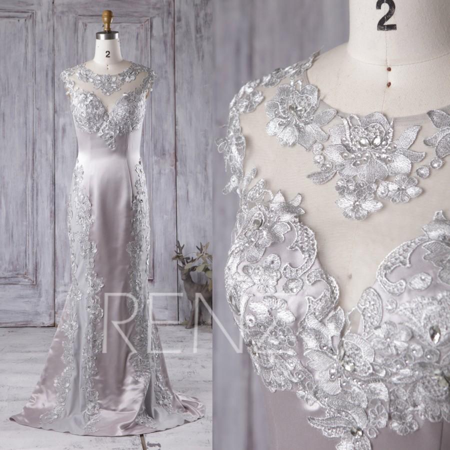 Wedding - 2016 Silver Taffeta Bridesmaid Dress, Lace Illusion Wedding Dress with Beading, Long Prom Dress, Mermaid Evening Gown Floor Length (XT033)