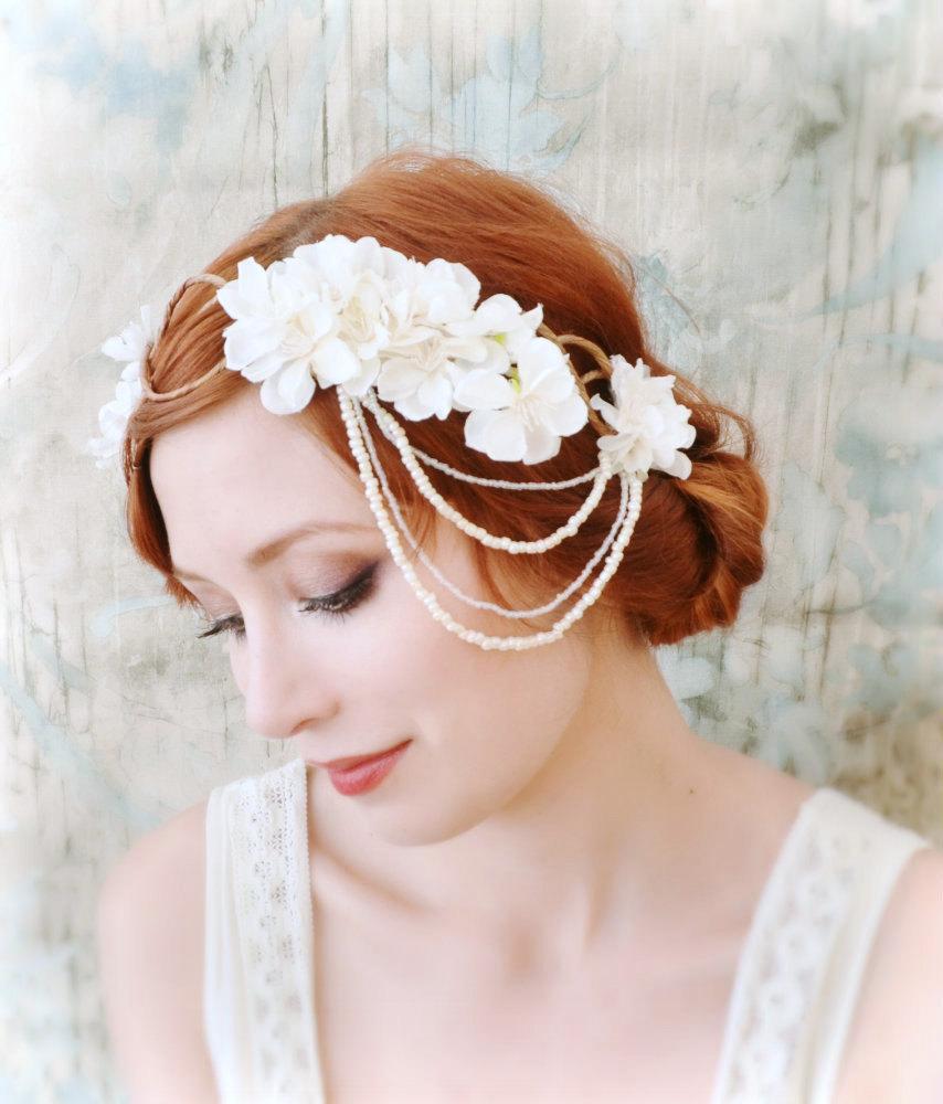 Wedding - White flower headpiece, bridal hair crown, wedding hair wreath, boho bridal crown, flower halo, hair accessories by gardens of whimsy