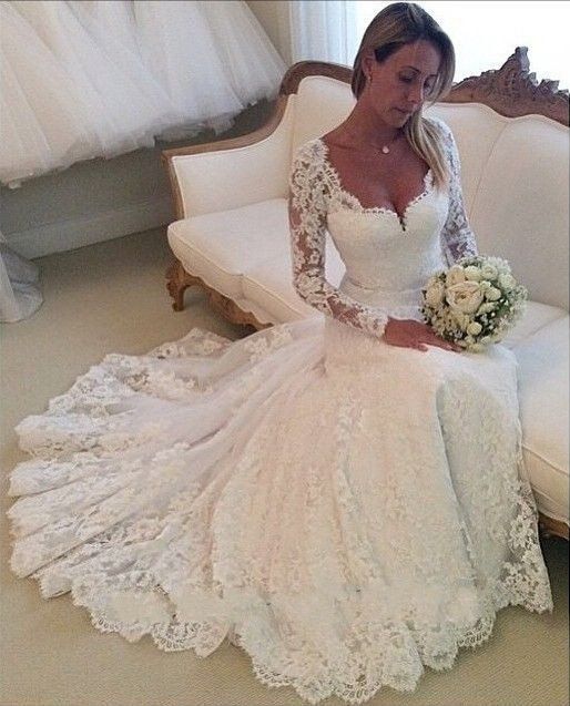 زفاف - Full Sleeve Trumpet Style Wedding Gown With Lace Appliques And Cathedral Train