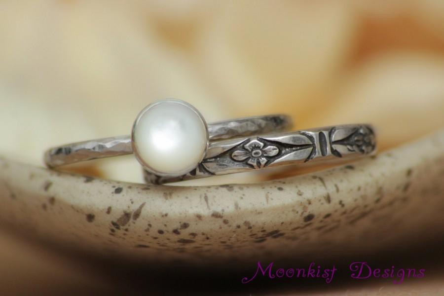 زفاف - Art Deco Ring Set in Sterling Silver - Choice Of Gem - Mother of Pearl Solitaire Engagement Ring - Promise Ring, Floral Wedding Set