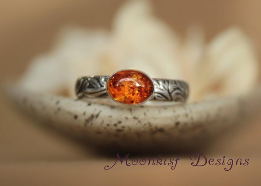 Wedding - Oval Amber Bezel-set Solitaire with Sterling - Silver Anniversary Pattern Band - Unique Promise Ring - Flower and Leaf  Pattern Band