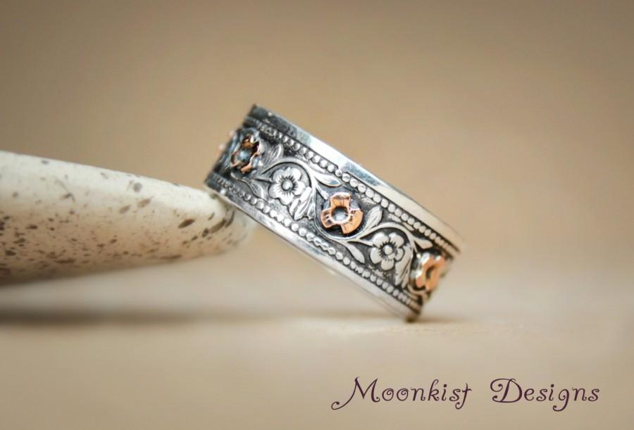 Wedding - Wide Daisy Chain Wedding Band in Sterling - Silver with 14K Rose Gold Flower Accents - Unique Daisy Chain Floral  Anniversary Wedding 