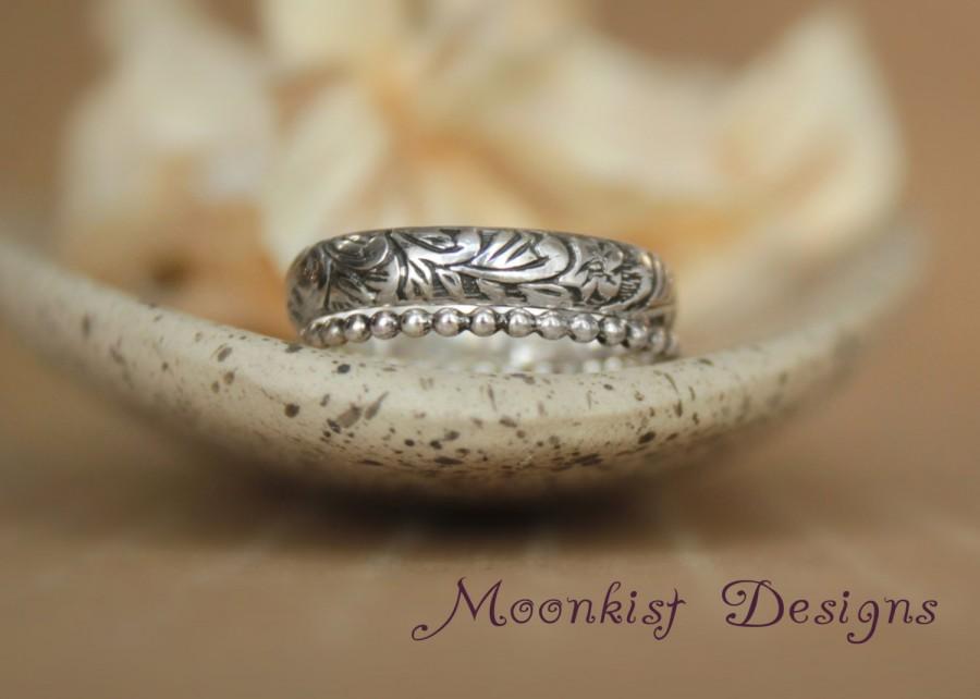 Wedding - Flower and Leaf Pattern Band with Accompanying Beaded Band in Sterling Silver - Unique Stacking Promise Wedding Band Set 