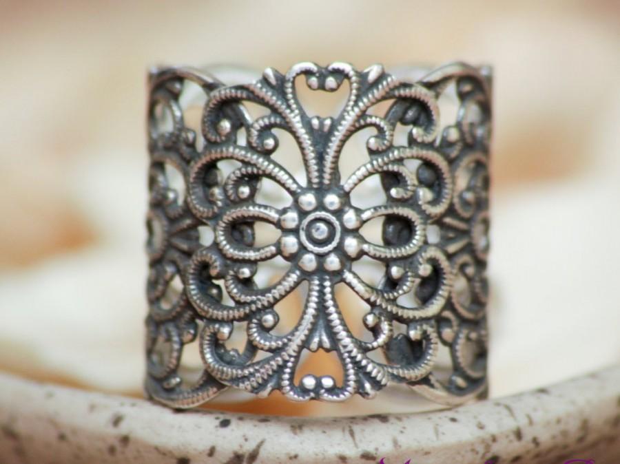 Wedding - Victorian Filigree Butterfly Wide Band in Sterling - Silver Filigree Cuff Ring - Unique Vintage-Inspired Statement Tube Ring