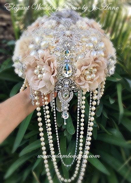 Hochzeit - Rustic Glam Bridal Brooch Bouquet Vintage Style Cascading Pearls Brooch Bouquet Brooch Bouquet Jeweled Wedding Bouquet DEPOSIT ONLY