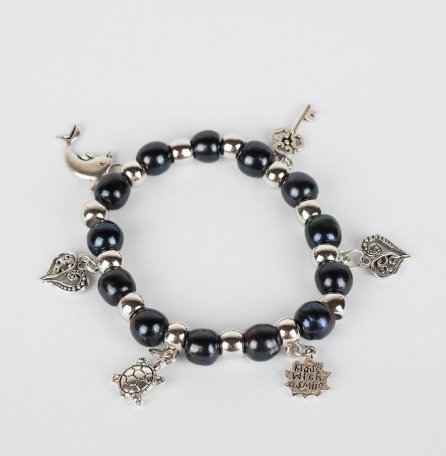زفاف - Black Pearl Bracelet for Women Semiprecious Jewelry Gift for Her Handmade Natural Stone Key Heart Present Valentine Charm Party Accessories