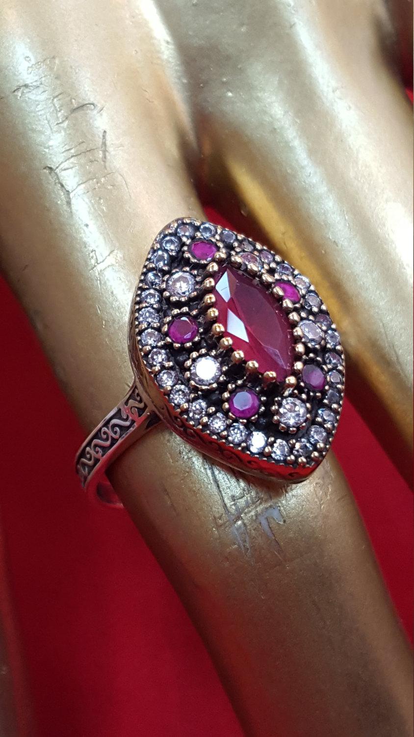 زفاف - Sterling Silver Ring.935 Stamped.Genuine Faceted Red Ruby Ring.Gold Ring.Antique Ring.Fiamond Ring.Promise Ring.R321