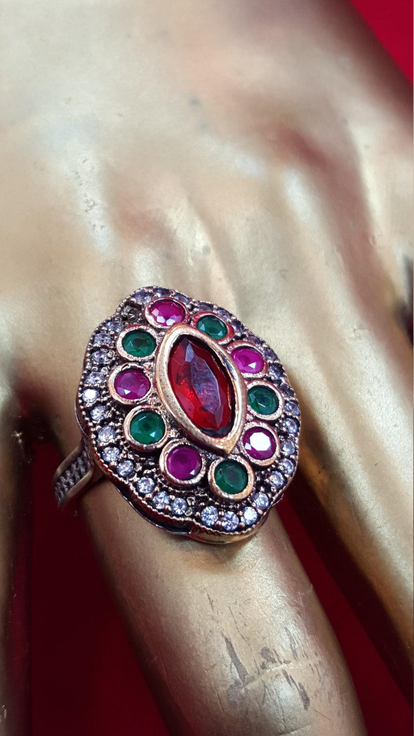 زفاف - Sterling Silver Ring.925 Stamped Ring.Red Garnet Ring.Red Ruby Ring.Green Enerald Ring.Gold Ring.Antique Ring.Handmade Ring.Statement.R61-70