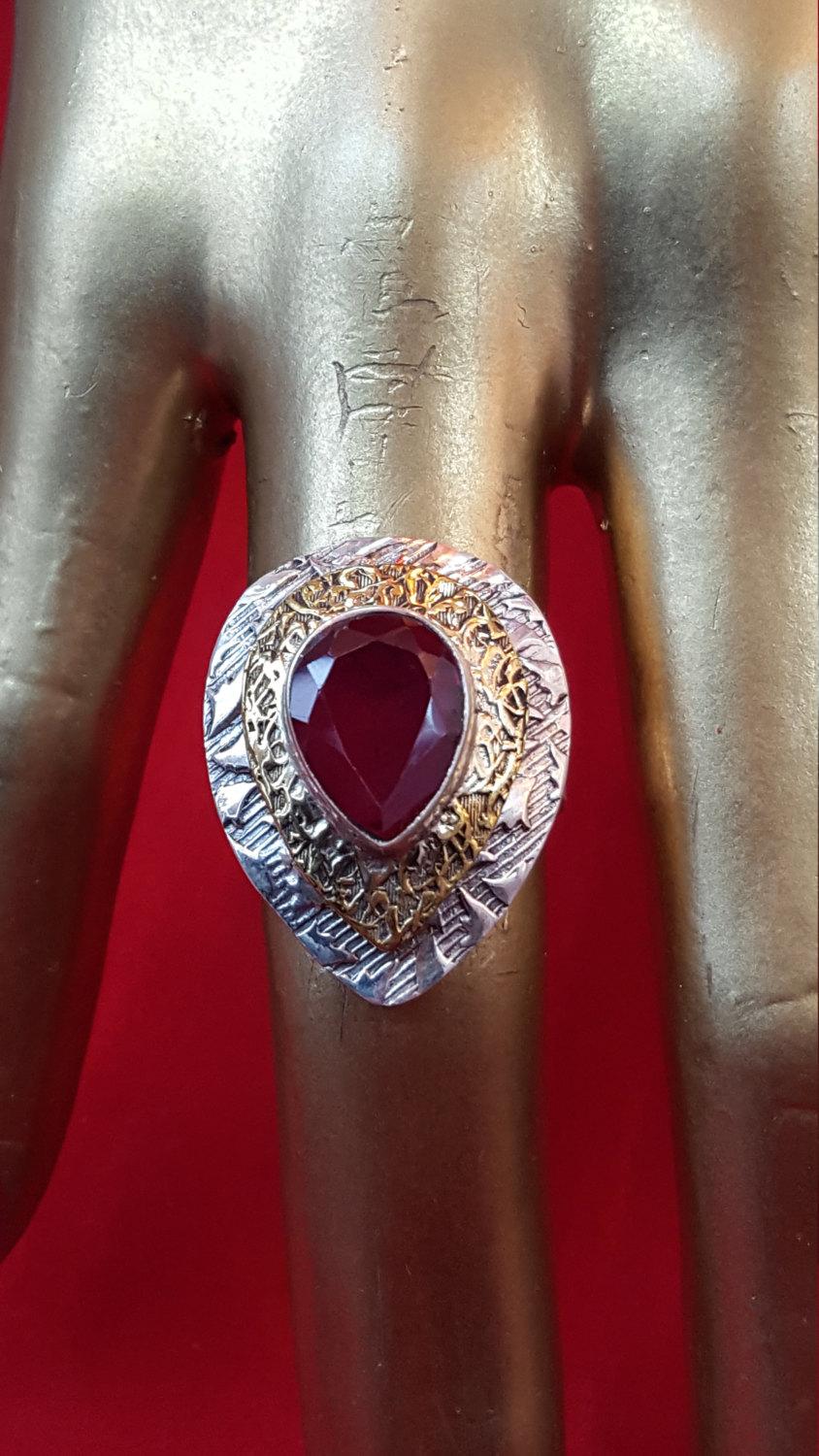 زفاف - Sterling Silver Ring.925 Stamped.Genuine Ted Ruby Ring.Gold Ring.Hammered Ring.Tear Drop Ring.Engagement Ring.Bridal Ring.Statement RingR311