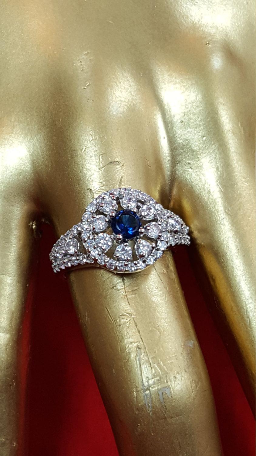 زفاف - Sterling Silver Ring 925 Stamped.Blue Sapphire Ring.Diamond Man Made Ring.Handmade.Engagement Ring.Bridal Gifts.Statement Ring.R291