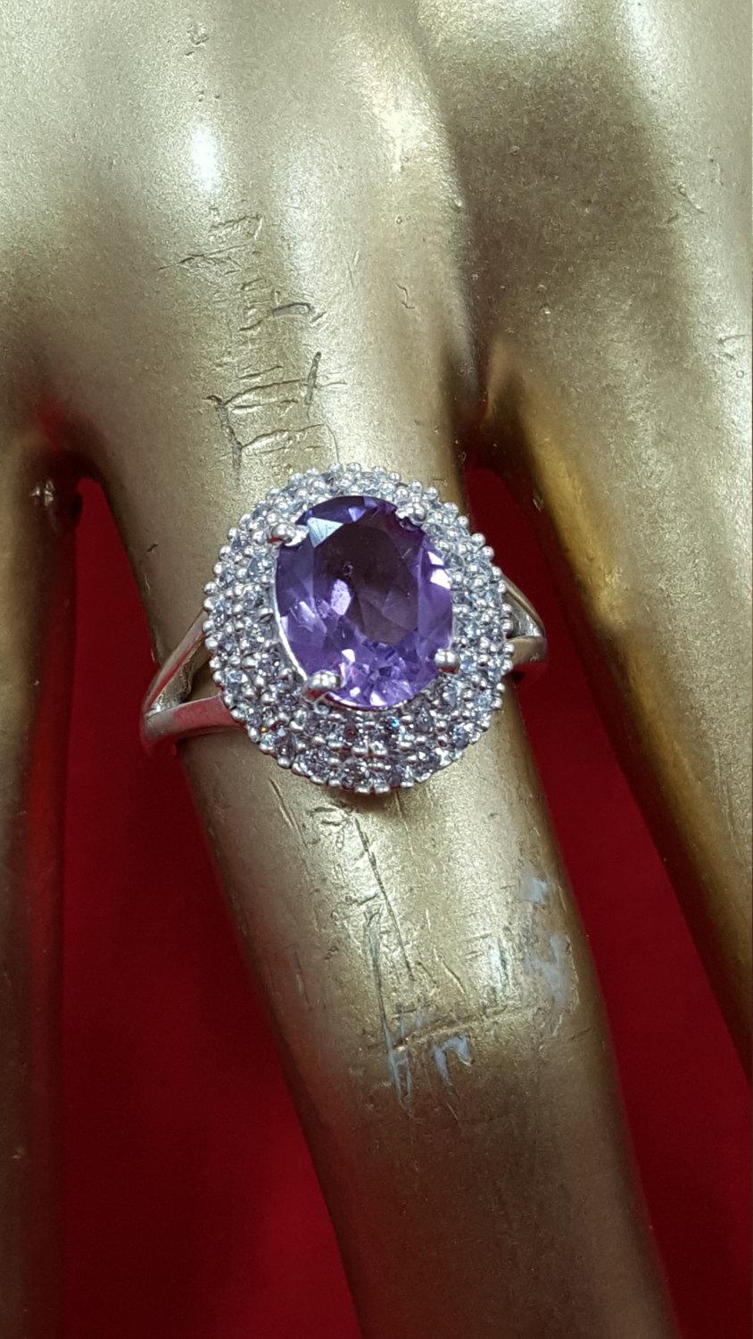 زفاف - Sterling Silver Ring.925 Stamped Ring.Genuine Faceted Amethyst Ring.Diamond Man Made Ring.Statement Ring.Handmade Ring Solitaire Ring.R321