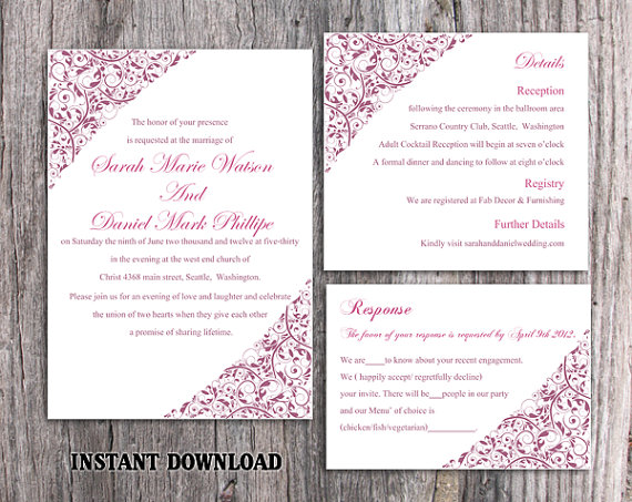 Свадьба - DIY Wedding Invitation Template Set Editable Word File Instant Download Printable Floral Invitation Purple Invitation Elegant Invitations