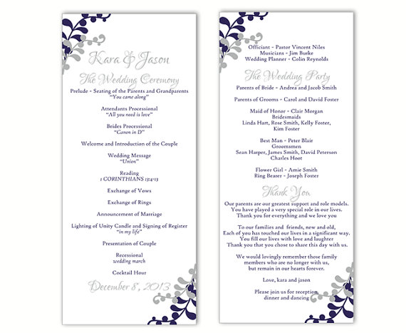 Hochzeit - Wedding Program Template DIY Editable Word File Instant Download Program Navy Blue Program Gray Program Printable Wedding Program 4x9.25inch