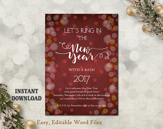 Wedding - New Years Party Invitation - New Years Invitation - Printable Holiday Party Card - New Years Eve Card - Editable Template - DIY Red Circles
