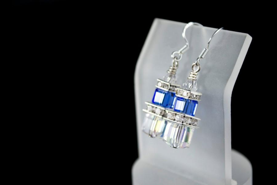 Hochzeit - Swarovski Cube Crystal & Rhinestone Earrings. Clear Crystal AB and Sapphire Dangle Earrings. Wedding Jewelry. Bridesmaid Jewelry. Handmade