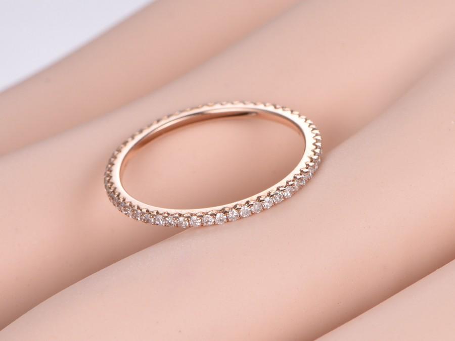 Solid 14K Rose Gold Pave Diamond Engagement Wedding Eternity Matching Band Ring 