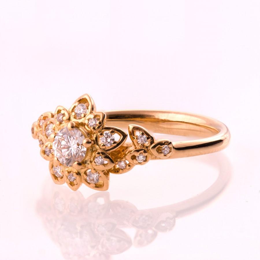 Hochzeit - Moissanite Art Deco Petal Engagement Ring No.2B  - 14K Rose Gold and Moissanite engagement ring, leaf ring, flower ring, forever brilliant