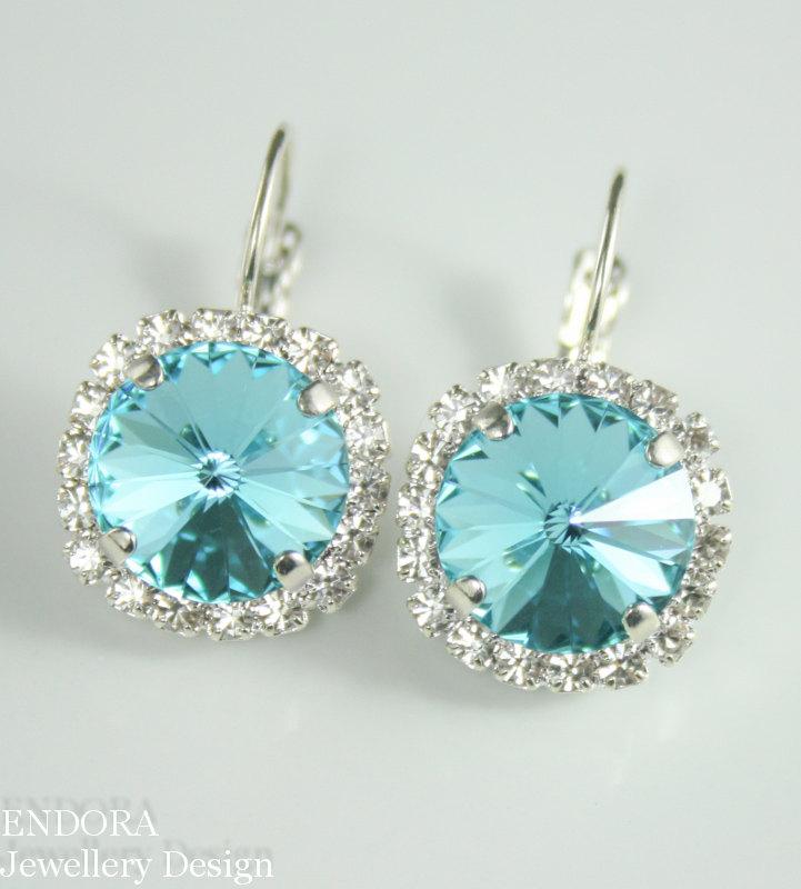 زفاف - Turquoise crystal earrings,Swarovski rivoli leverback earring,blue crystal earrings,blue wedding jewelry,Turquoise weddingbridesmaid earring