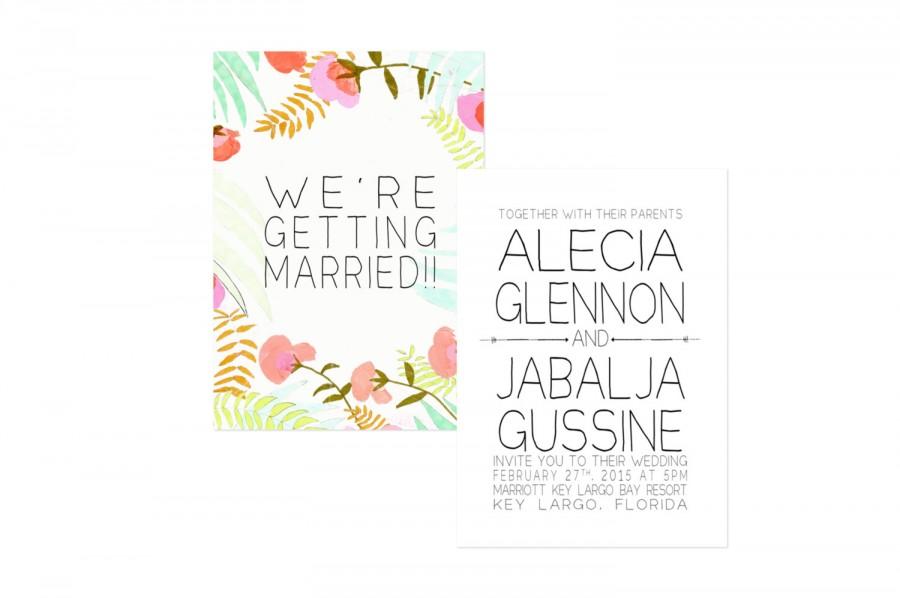 زفاف - tropical wedding invitation suite. hand painted/ water-colour/ destination wedding/ double sided/ simple