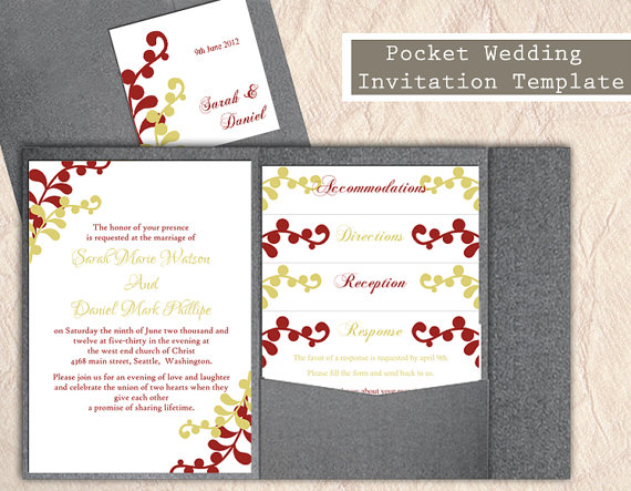 Hochzeit - Pocket Wedding Invitation Template Set DIY Instant Download EDITABLE Word File Printable Wine Red Invitations Green Wedding Invitation