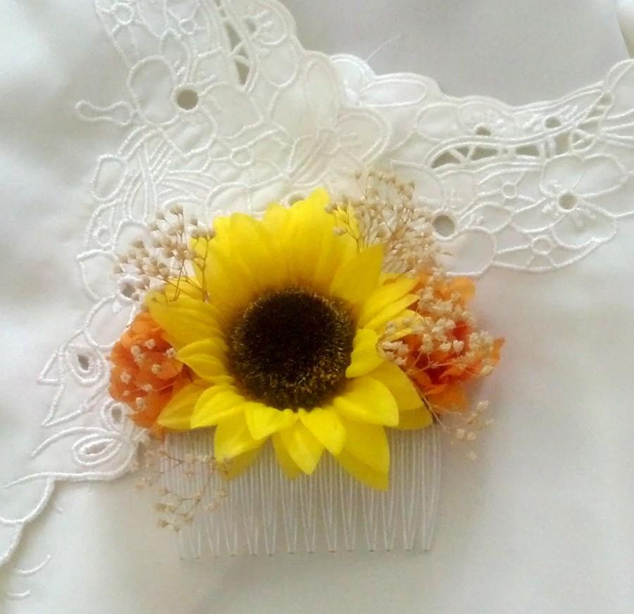 Mariage - Orange Sunflower hair comb Bridal party destination wedding accessories summer silk dried flower Baby's Breath Rustic  Barn hairpiece