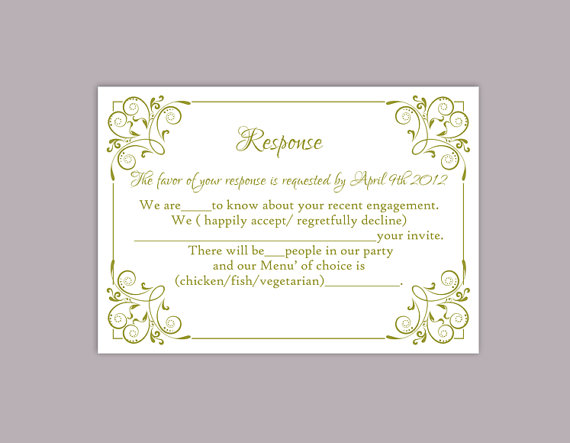 Свадьба - DIY Wedding RSVP Template Editable Text Word File Download Printable RSVP Cards Olive Green Rsvp Card Template Enclosure Cards
