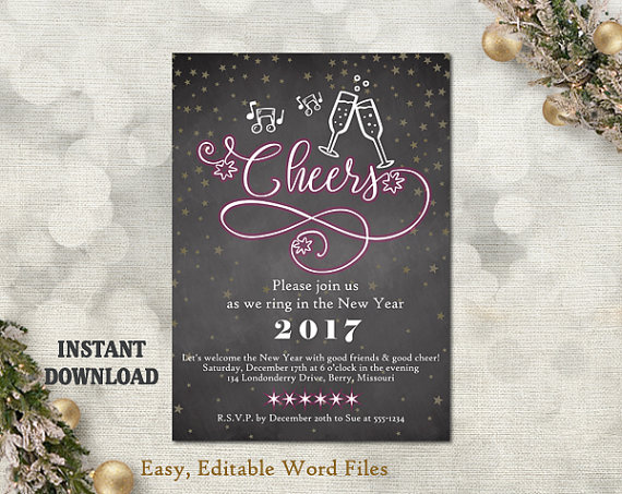 Hochzeit - New Years Party Invitation - New Years Cheers Invitation - Printable Holiday Party Card - New Years Eve Card - Chalkboard Word Template DIY