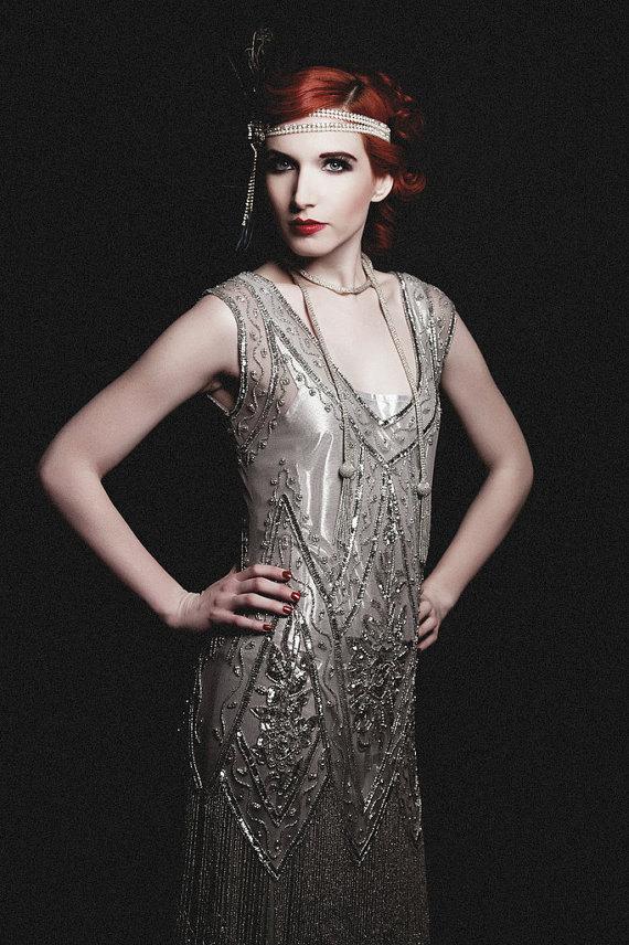 Hochzeit - Silver Beaded Vintage Flapper 1920's Wedding Dress,The Great Gatsby, Downton Abbey, Vintage Bride, Boudoir, Charleston, ~