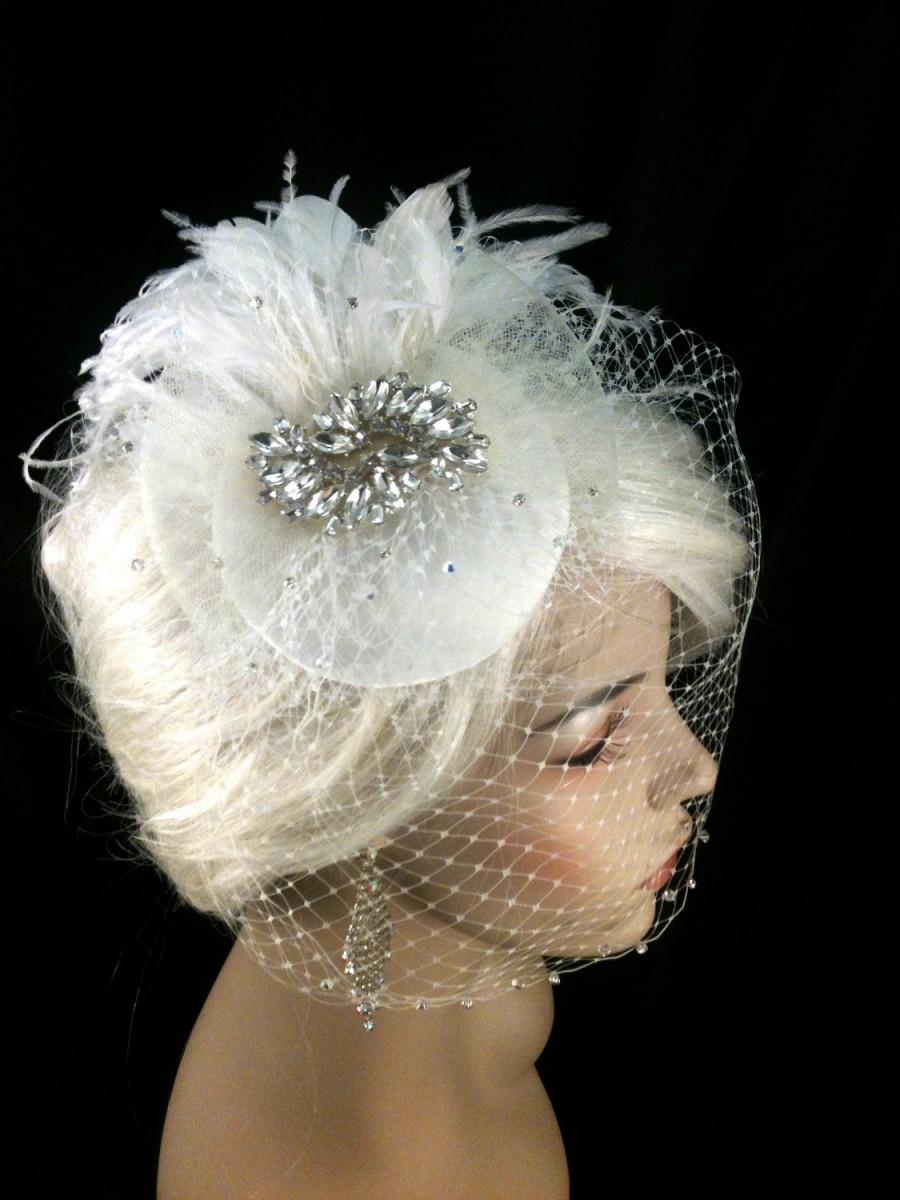 Hochzeit - Birdcage Veil, Bridal Hat, Ivory, Feather Fascinator, Wedding Head Piece, Veil, Swarovski Crystals and Rhinestones - Velvet or Dupioni Silk