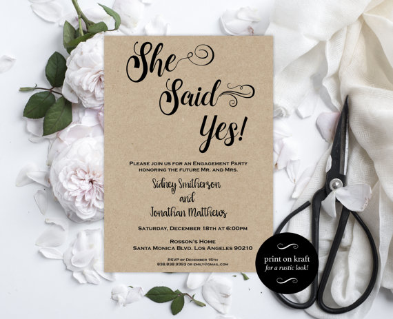 Mariage - Engagement Party Invitation - Engagement Invite - She Said Yes invitation - Rustic Engagement Invitation Downloadable Wedding 