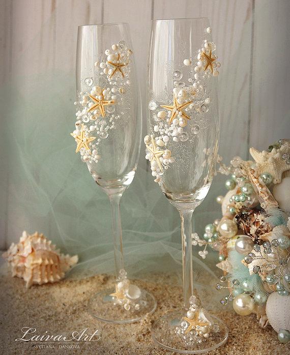 Hochzeit - Beach Wedding Champagne Flutes Wedding Champagne Glasses Wedding Toasting Flutes Set of 2