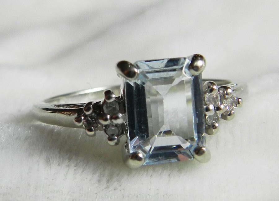 Wedding - Aquamarine Ring 2 Ct Aquamarine Diamond Engagement Ring Emerald Cut White Gold Aquamarine Ring March Birthday Gifts for Women Unique