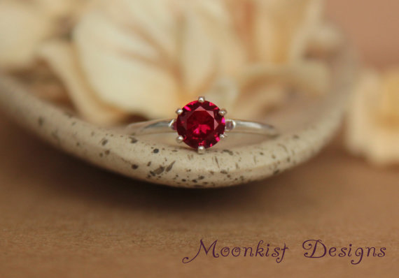 Wedding - Size 7.5 - Bright Red Ruby Classic Solitaire Ring in Sterling - Silver Vintage Style Engagement Ring - Silver Promise - Ready to Ship