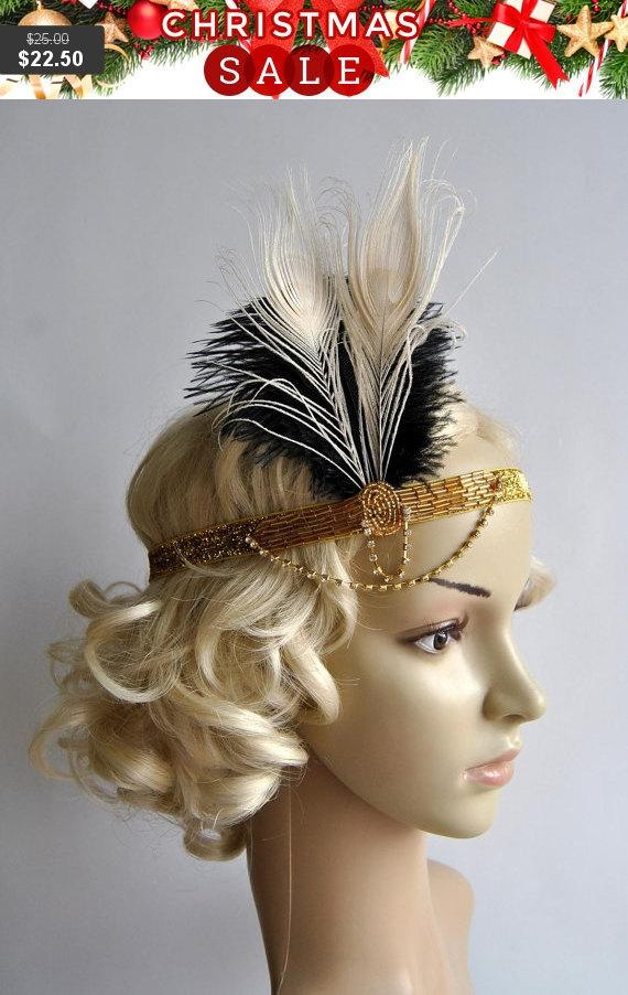 Hochzeit - Deco Gold feather flapper Gatsby Headband, Wedding Crystal Headband, Wedding Headpiece Bridal Headpiece, 1920s Flapper headband Black Ivory