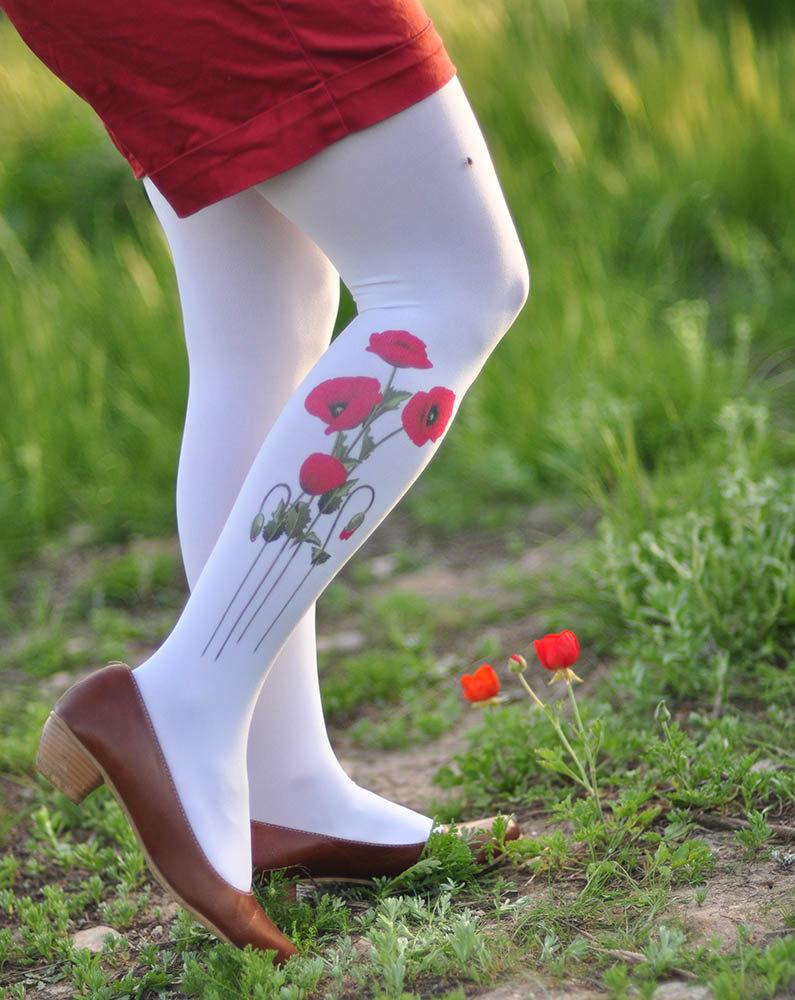 زفاف - Tights - Red Poppy - Flowers tights,flower printed clothes - lingerie- wedding