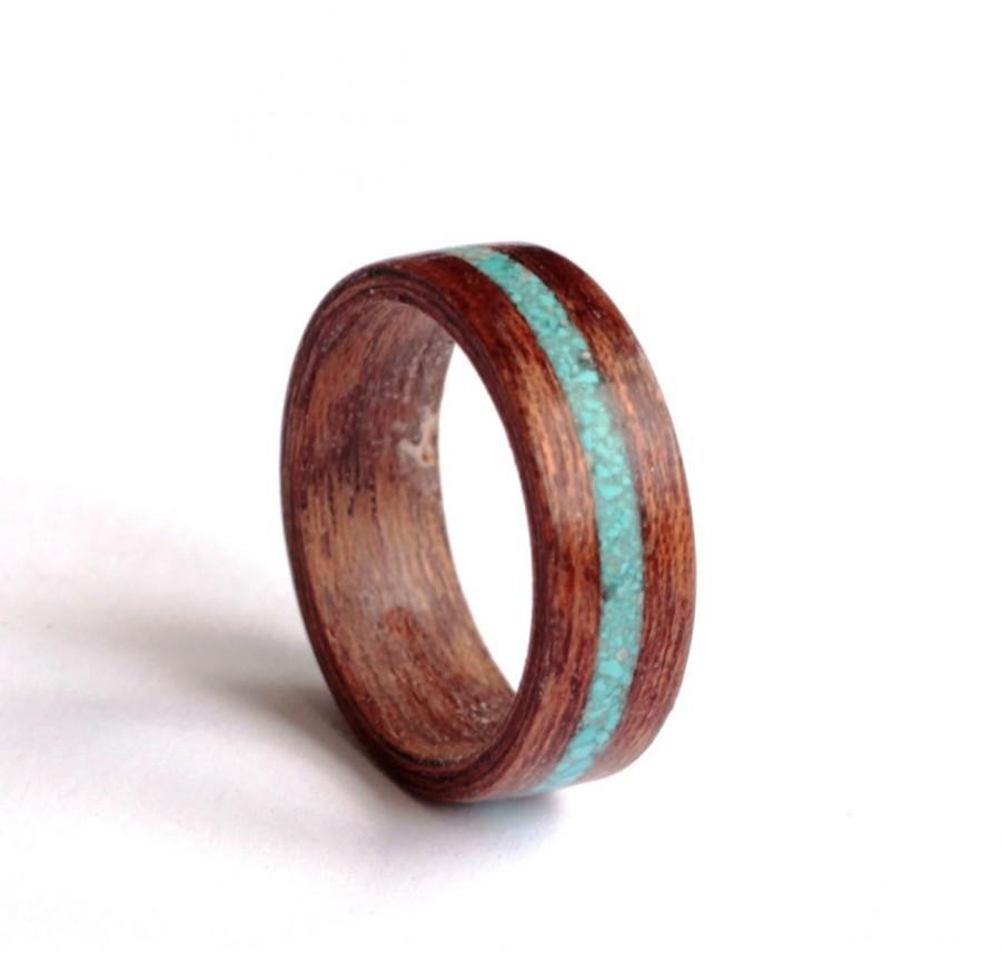Hochzeit - Men's  Ring, Wood Ring With Turquoise Inlay, Mahogany Wood Wedding Band