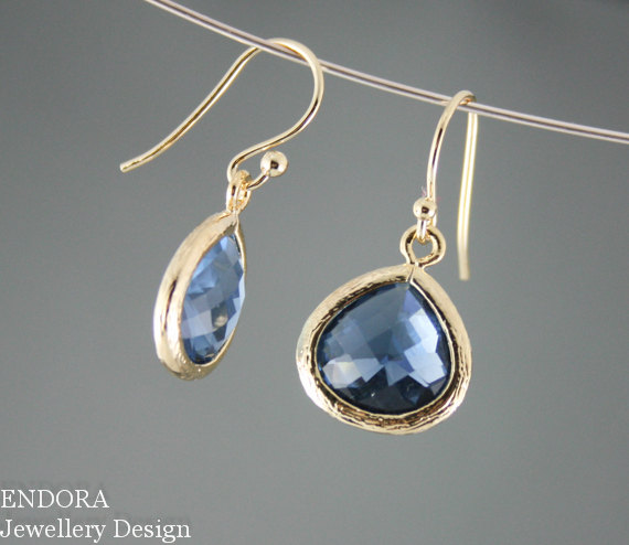 Mariage - Denim Blue Gold Drop Earrings, Montana blue gold dangle earrings, Blue teardop earrings, Bridal earrings, Wedding Jewelry, Bridesmaids