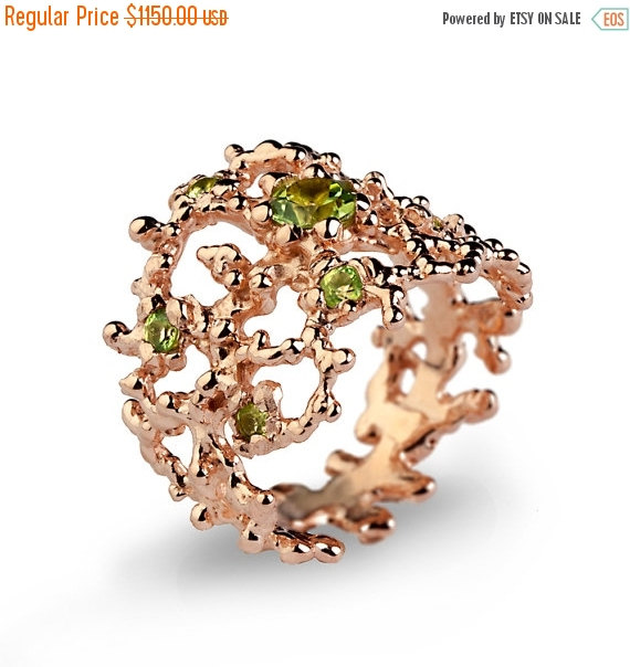 Mariage - SALE 20% OFF - CORAL Rose Gold Peridot Ring, 14k Rose Gold Peridot Band, Peridot Ring Gold, Wide Rose Gold Ring, Peidot Wedding Band, Unique