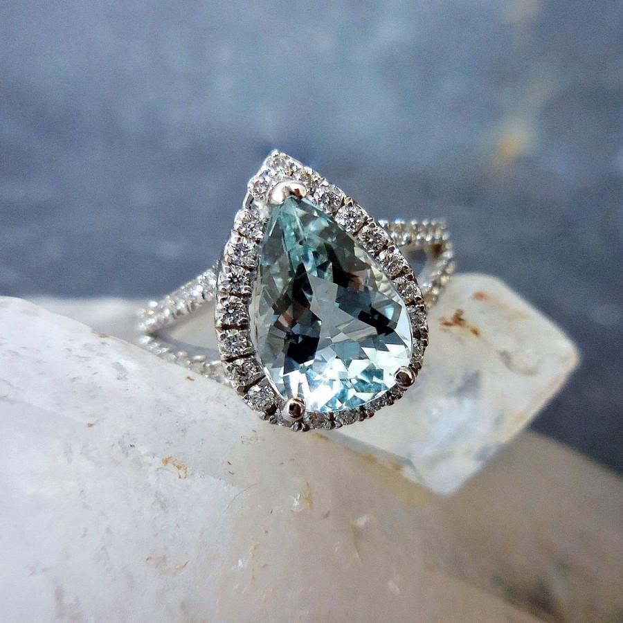 Wedding - Pear Aquamarine Ring - Aquamarine engagement Diamond Halo Split Shank, White, Yellow, Rose Gold, Birthstone, Unconventional Engagement