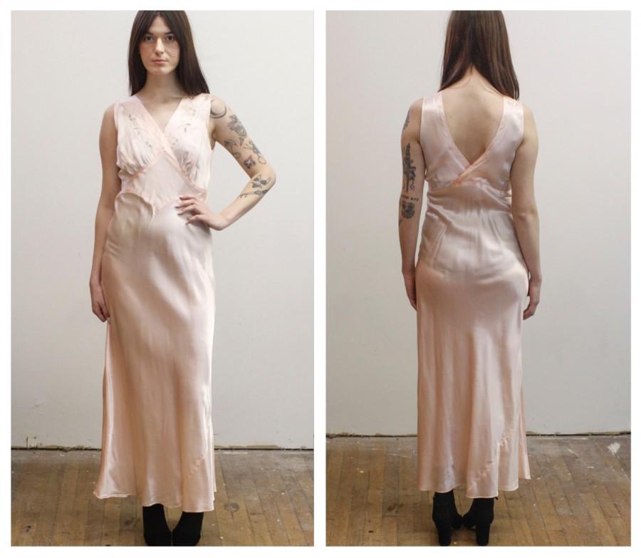 Wedding - Vintage Sheer Pink Satin Floral Embroidered Nightgown 40s 1940s Fitted Sleeveless V-Neck Honeymoon Nightie M Md Medium Blush Long Slip