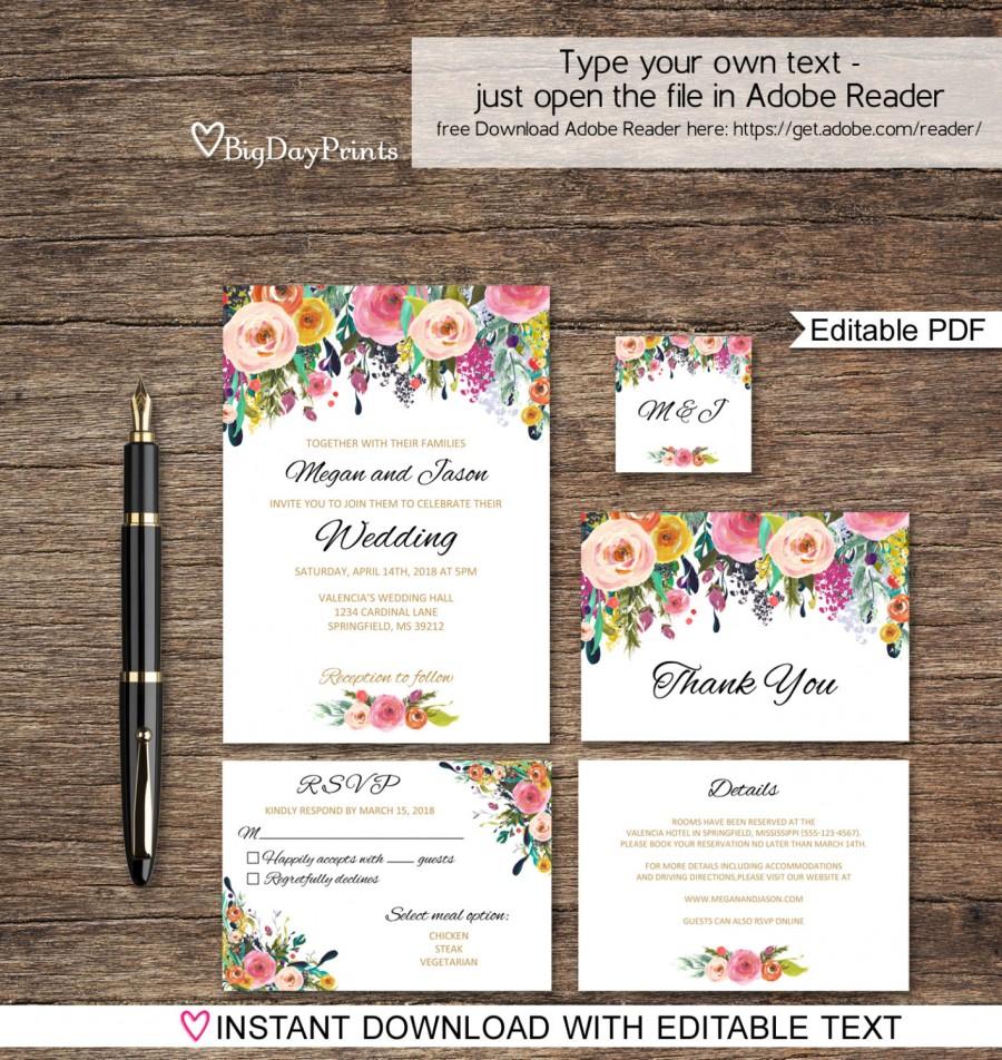 Hochzeit - Floral Wedding Invitation Printable, Wedding Invitation Template, Wedding Invitation Set, , Editable PDF - you personalize at home.