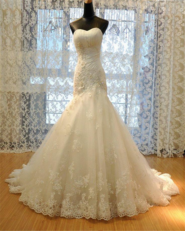 Wedding - Corset Bodice Lace Mermaid Wedding Dress, Lace Up Back Wedding Gown, Vintage Mermaid Lace Dress