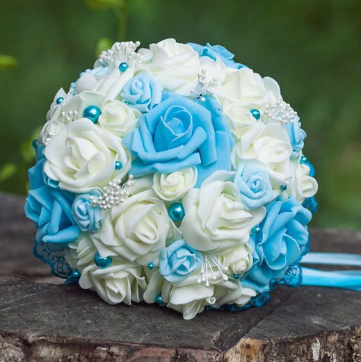زفاف - Bridal Artificial Wedding Bouquets Blue and Ivory Roses Bouquet
